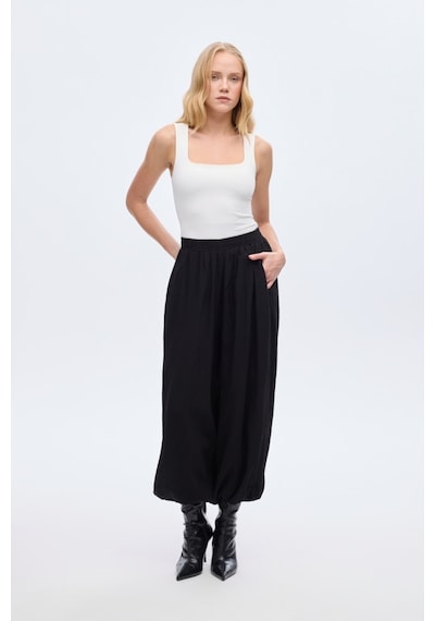 Quzu Beli Lastikli Pileli Şalvar Pantolon Siyah Çok renkli
