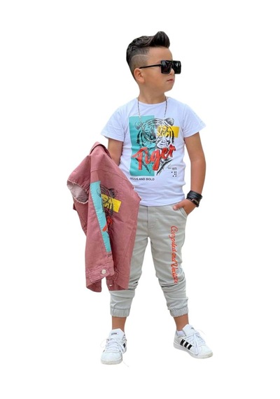 Riccotarz Erkek Çocuk Kaplan Detaylı T-shirt Sırt Baskılı Kolsuz Pudra Jean Ceket Kargo Cepli Alt Üst Takım Pudra Riccotarz Erkek Çocuk Kaplan Detaylı T-shirt Sırt Baskılı Kolsuz Pudra Jean Ceket Kargo Cepli Alt Üst Takım Pudra