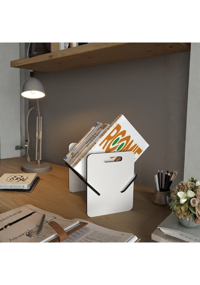 Kitap Standı, Çalışma Masası Organizer, Dekoratif Dergi Standı, Minimalist Kitaplık. Beyaz