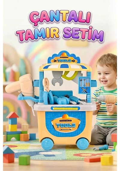 9 Parça Tamirci Aletli Taşınabilir 2'si 1 Arada Çantalı Ve Tekerlekli Eğitici Meslek Oyun Seti