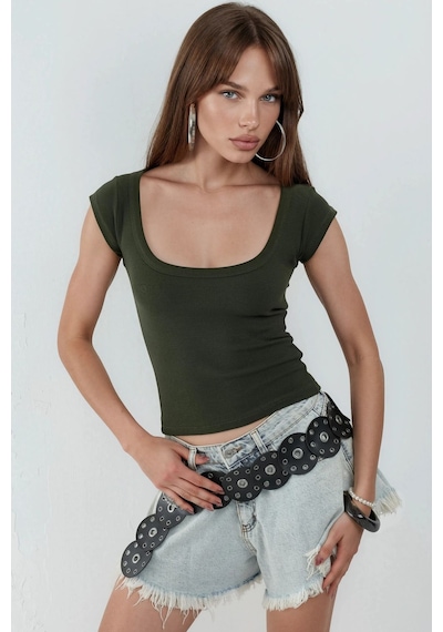 Hiccup Busem Slim Fit Ribana U Yaka Bluz Haki Yeşil