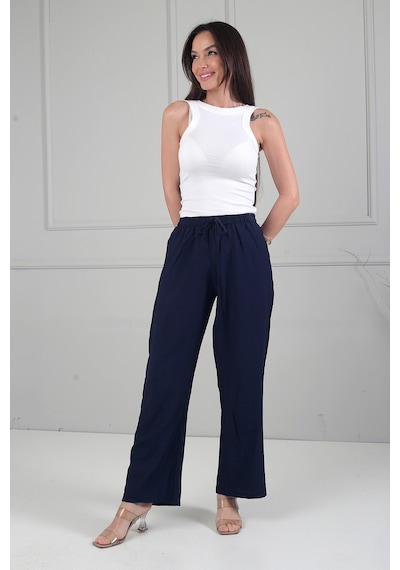 By Saygı Kadın Beli Lastikli Cepli Çilek Bol Paça Pantolon Lacivert