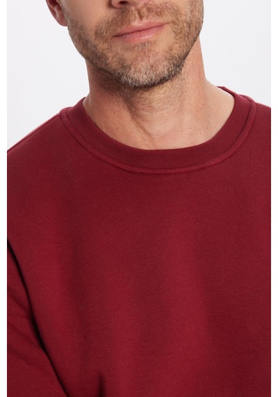 Tudors Unisex Oversize Geniş Kesim Pamuklu Yumuşak Dokulu İçi Polarlı Basic Bordo Bisiklet Yaka Sweatshirt-31983 Bordo