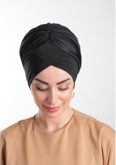 Hürrem Bone Siyah Pratik Hazır Geçmeli Tesettür Bone Sandy Kumaş Büzgülü 2114 Siyah