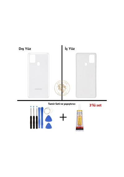Samsung Galaxy A21s Beyaz Renk Arka Kapak + Tamir Seti + B7000 Yapıştırıcı Arka Cam Batarya Kapağı Pil Kapağı Lazer Kesim Back Cover Galaxy A21s Uyumlu