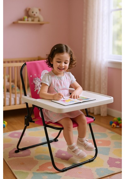 Exent Kids 2 6 Yaş, Rainbow Unicorn Katlanır Portatif Çalışma Masası Ve Sandalye Tak-çıkarmasa-pembe Siyah