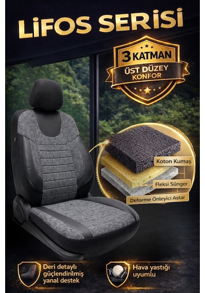 Lifos Hafif Ticari Serisi Koton Kumaş Oto Koltuk Kılıfı Tam Set Berlıngo-caddy-connect-courıer-doblo-dokker-partner Gri