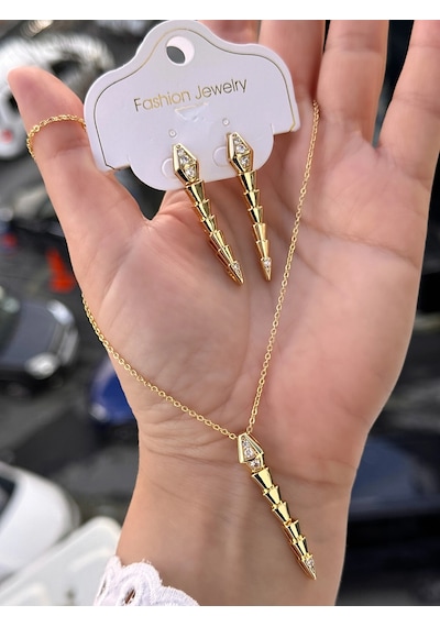 Sarı Çelik Kadın Küpe Ve Kolye Set Frjw10012a-b 2 Yıl Garantili Hediye Paketli
