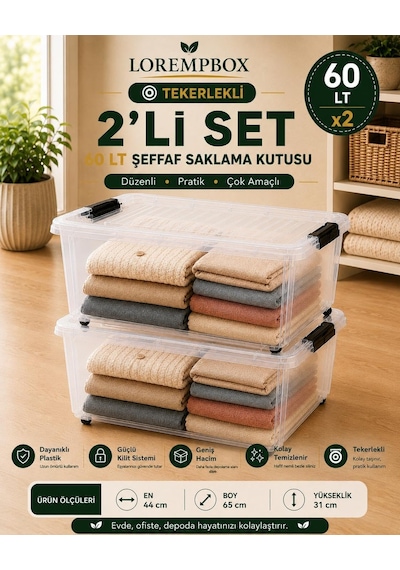 Lorempbox 60 Lt Tekerlekli Şeffaf Saklama Kutusu 2'li Set Diğer