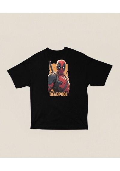 Film Kahramanı Deadpool Baskılı Unisex Oversize Marvel Tişört Siyah