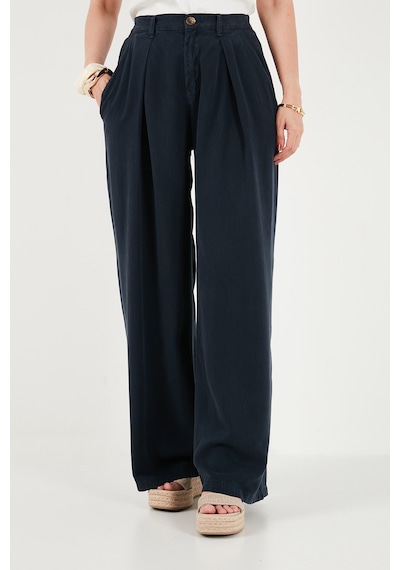 Lela Relaxed Fit Yüksek Bel Geniş Paça Pantolon Bayan Pantolon 668yp5515 Lacivert