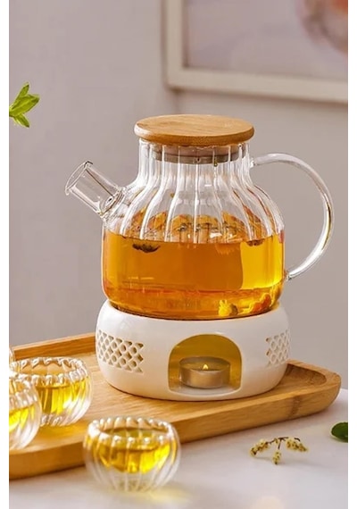 Borosilikat Cam Demlik Bambu Kapak Bitki Demliği 1 Litre 9506 Şeffaf