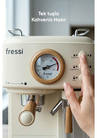 Fressi Mavera Ahşap Detaylı Espresso Kahve Makinesi 20 Bar Em-411 Krem