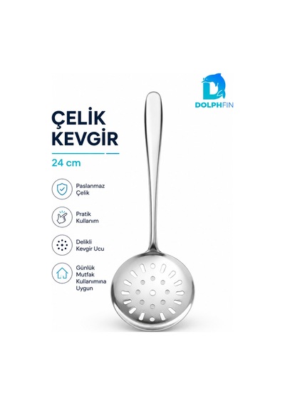 24 Cm Paslanmaz Çelik Delikli Kevgir Kaşık Süzgeç Servis Kepçesi Gümüş