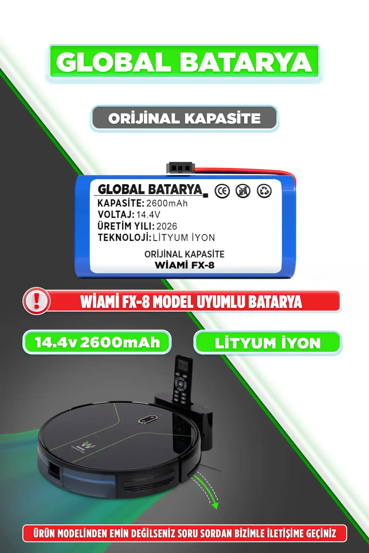 Wiami Fx-8 Uyumlu Akıllı Robot Süpürge Bataryası 14.4v 2600mah Li-ion Pil  Kapasite