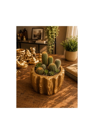 Dekoratif Gold Saksı 13x7 Cm Polyester Taş Görünümlü Kaktüs Sukulent Çiçek Saksısı Altın