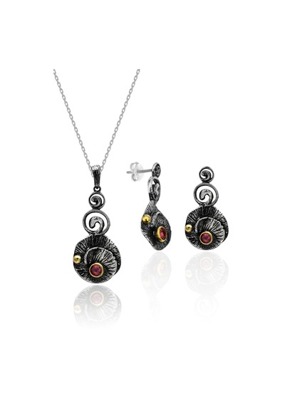 Oksitli Gümüş Set Kök Yakut Taşlı Gümüş Otantik İkili Set 925 Ayar St136 Gümüş