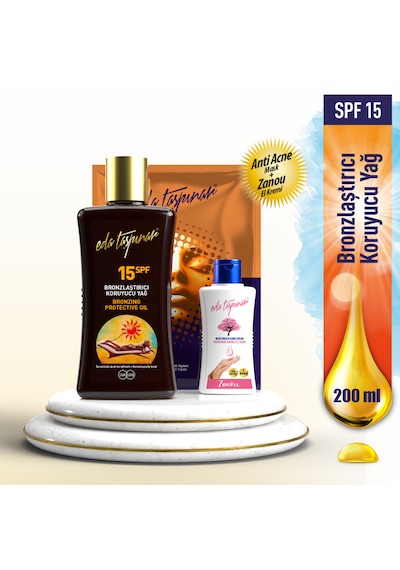 Eda Taşpınar Bronzlaştırıcı Koruyucu Yağ SPF15 200 ML + Zanou El Kremi 50 ML + Anti Acne Mask
