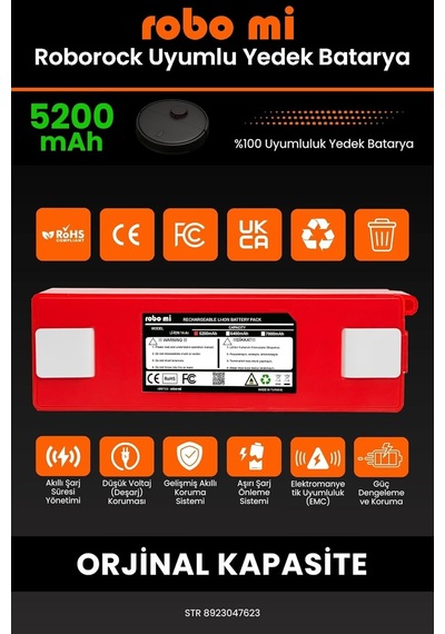 Robo Mi Robot Süpürge Bataryası, Roborock S7 İle Uyumlu 5200 Mah, Yedek Pil, Kırmızı Tek Renk
