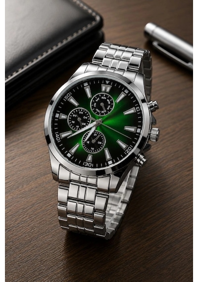 Erkek Gümüş Renk Metal Kordon Analog Kol Saati Takvim Göstergeli Yeşil Siyah Kadran - Gümüş Çok Renkli 61344954
