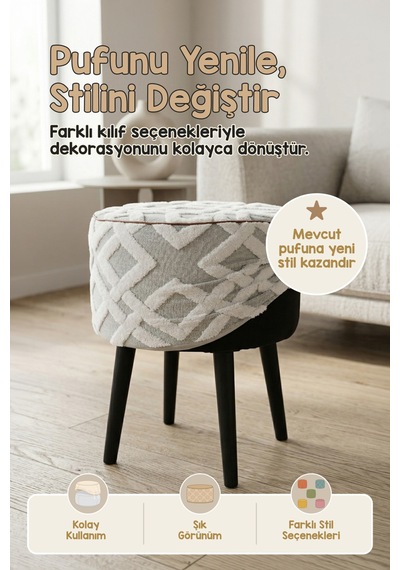 Yıkanabilir Puf Tabure Kılıfı Tak-Çıkar-Değiştir-Yenile Orta Sehpa Kılıfı 40x22 Mila Gri