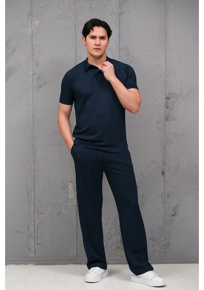 Mass Plus Regular Fit Likralı Kendinden Çizgili Yarım Baggy Pantolonlu T-shirt Takım Lacivert Mass Plus Regular Fit Likralı Kendinden Çizgili Yarım Baggy Pantolonlu T-shirt Takım Lacivert