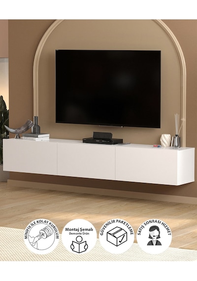 Bofigo Tv Ünitesi Tv Sehpası Düşer Kapaklı Tv Ünitesi Televizyon Sehpası 180 Cm Marvel Beyaz Beyaz
