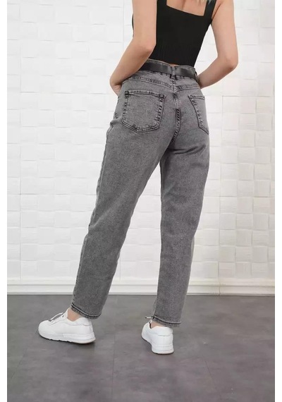 Ckm Moda Jagged Yüksek Kalita Kadın Deri Kemerli Pantolon Gri