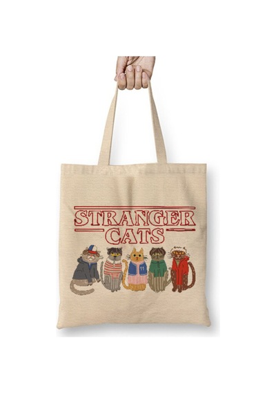 Toyaso Stranger Cats Things Beyaz Bez Çanta Uzun Saplı Alışveriş Çantası Plaj Çantası Beyaz