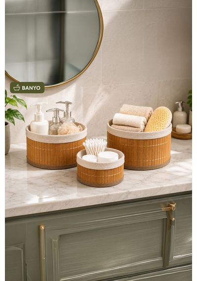Porsima Pbt-598 3lü Hasır Sepet Kapaklı Yuvarlak Bambu Sepet Seti Dekoratif Banyo Mutfak Düzenleyici Organizeri