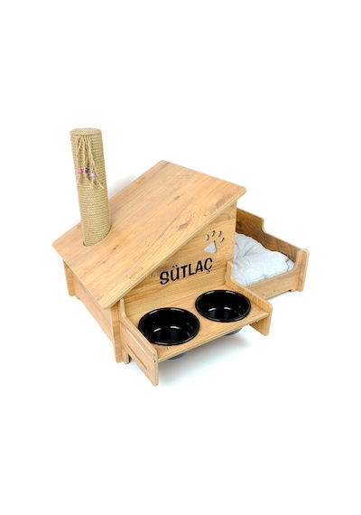 Ahşap Kedi Evi - Mama Kabı-özel Isim Baskılı-meşe Mdf- Siyah Seramik Kase 2 400ml- Tırmalama Çubuklu