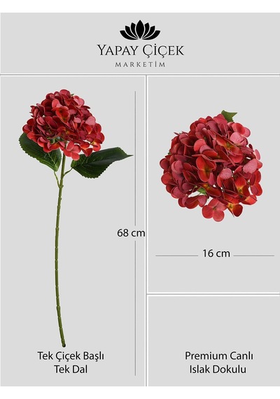 Kırmızı Yapay Ortanca Çiçeği Tek Dal Premium Canlı Islak Dokulu 68 Cm