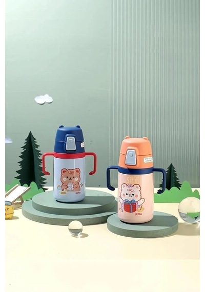 Rovco 400ml Silikon Pipetli Sevimli Ayıcıklı Boyun Askılı Bebek Kulplu Paslanmaz Çelik Termos Lacivert Genel