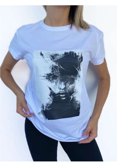 Kadın Women Face Baskılı Basic Beyaz Tshirt