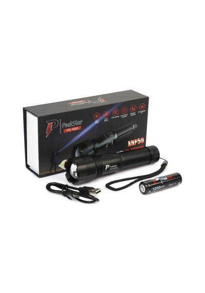 PeakStar Ps-1600 Süper Parlak Led Zoomlu 5 Mod Su Geçirmez Profesyonel Kamp Bekçi Avcı Feneri Siyah