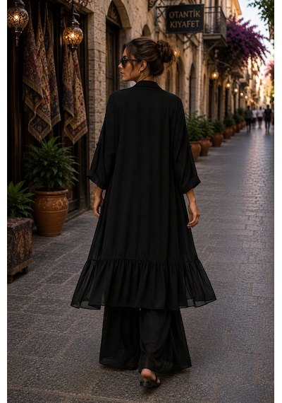 Bohem Stil Itayan Ipek Detaylı Oversize Kaftan- Pantolon Takım Siyah
