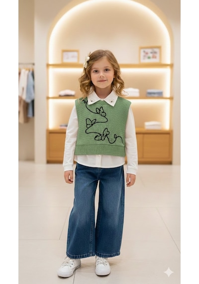 Miss Elitte Kelebek Detaylı Süveterli 3 Lü Takım 2-5 Yş-1017912 - Su Yeşili Su Yeşili