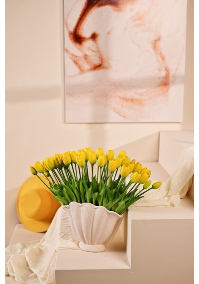Sarı Yapay Tulipa Lale Çiçeği Buketi 5 Dallı Premium Canlı Islak Dokulu 43 Cm