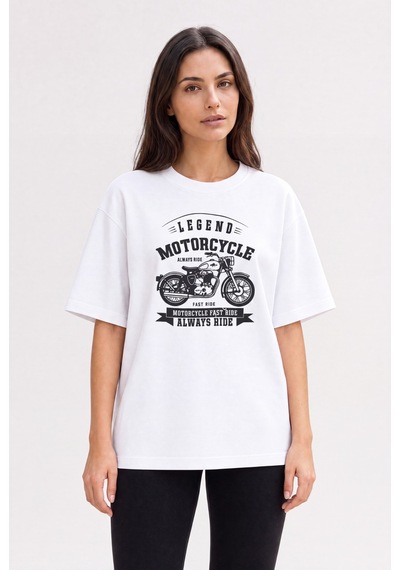 Black Nova Oversize Baskılı Unisex %100 Pamuk T-shirt Legend Motorcycle Beyaz