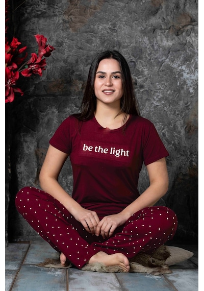 Lukitus Sıfır Yaka Kısa Kol Milan Kumaş Kadın Pijama Takımı Bordo