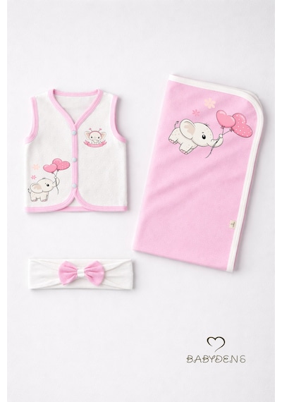 Babyden's Kız Bebek 3’lü Set Pamuklu Jakarlı Fil Baskılı Yelek ,Battaniye ,Saç Bandı 6-9 AY
