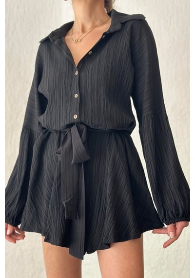 Fashion Cocktail Uzun Kol Casual Kabartma Kumaş Yakalı Düğmeli Boyfriend Gömlek Stil Şortlu Tulum Siyah Fashion Cocktail Uzun Kol Casual Kabartma Kumaş Yakalı Düğmeli Boyfriend Gömlek Stil Şortlu Tulum Siyah