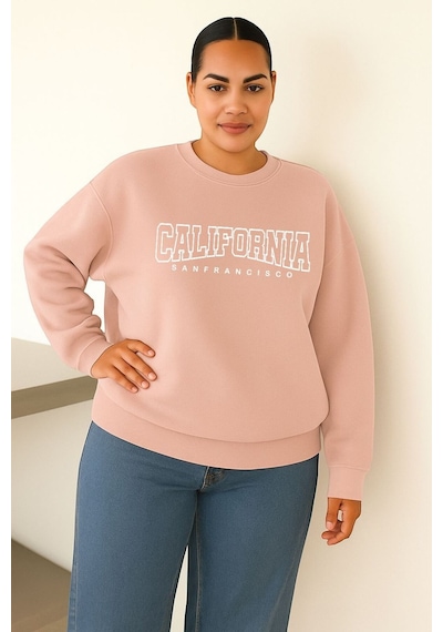 Benroma 3 İplik Penye Calıfornıa Baskılı Büyük Beden Unisex Sweatshırt Pembe