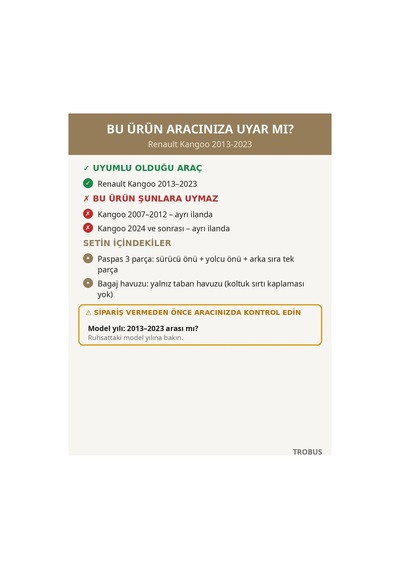 Renault Kangoo 2013-2023 Uyumlu 8d Tek Katmanlı Paspas + Bagaj Havuzu Seti Bej
