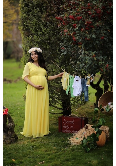 Modalabio Moda Labio- Babyshower Melek Kol Hamile Elbisesi Sarı
