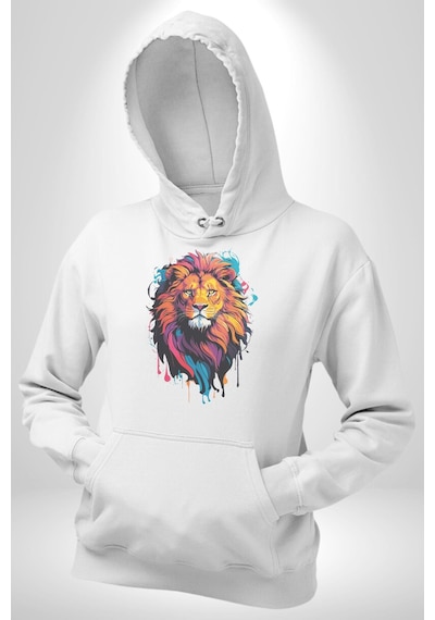 Renkli Yağlı Boya Aslan Kadın Erkek Beyaz Kapüşonlu Sweatshirt Hoodie Beyaz