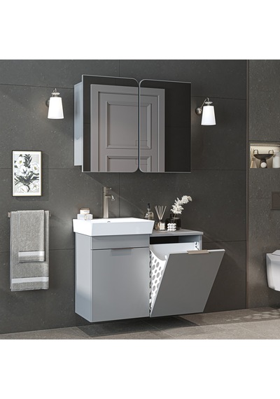 Dubai Sepetli Mdflam Banyo Dolabı, Lavabolu Banyo Alt Dolabı + Aynalı Banyo Üst Dolabı Takımı Kül Gri Dubai Sepetli Mdflam Banyo Dolabı, Lavabolu Banyo Alt Dolabı + Aynalı Banyo Üst Dolabı Takımı Kül Gri