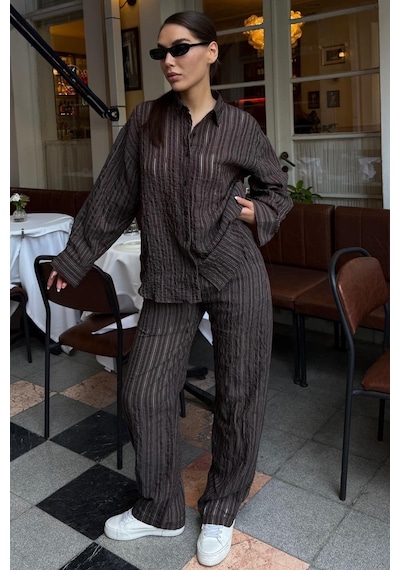 Madmext Acı Kahverengi Transparan Relax Fit Çizgili Takım Mg2740 Madmext Acı Kahverengi Transparan Relax Fit Çizgili Takım Mg2740