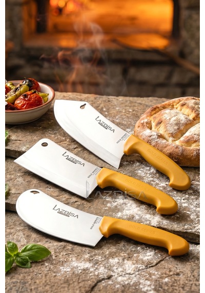 Lazbisa Mft-002 Gold Serisi Pide Börek Mutfak Bıçağı Salata Pizza Bıçak Kıyma Et Satırı Doğrama 3 Lü Set Sarı