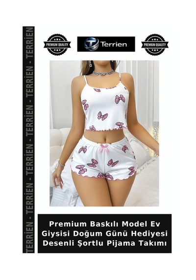 Terrien Premium Baskılı Model Ev Giysisi Doğum Günü Hediyesi Desenli Şortlu Pijama Takımı Beyaz - Pembe